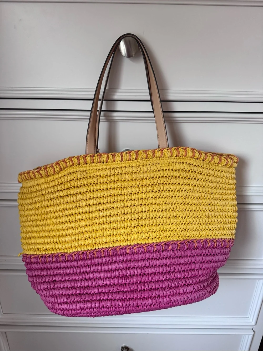 Tory Burch Yellow and Pink Straw Tote with Tassel Charm